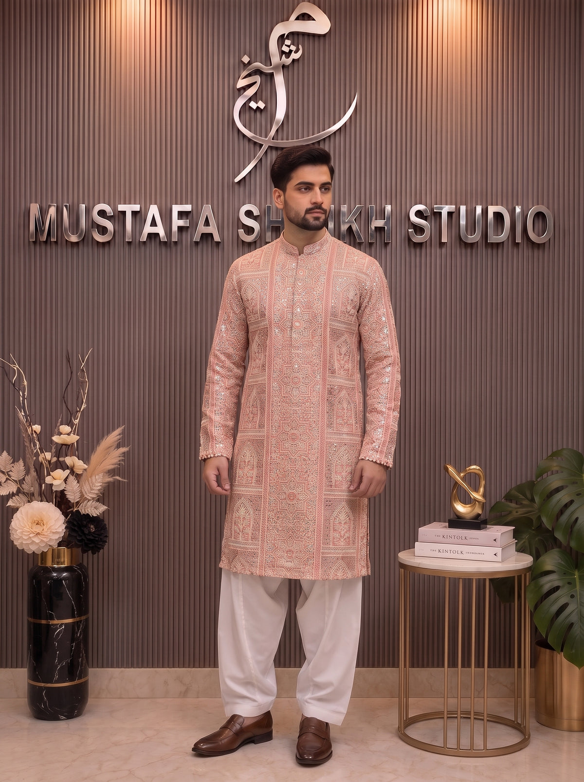 Peach Embroidered Kurta Salwar – Premium Men’s Festive Wear