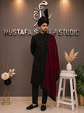 Black Royal Groom Sherwani with Maroon Shawl