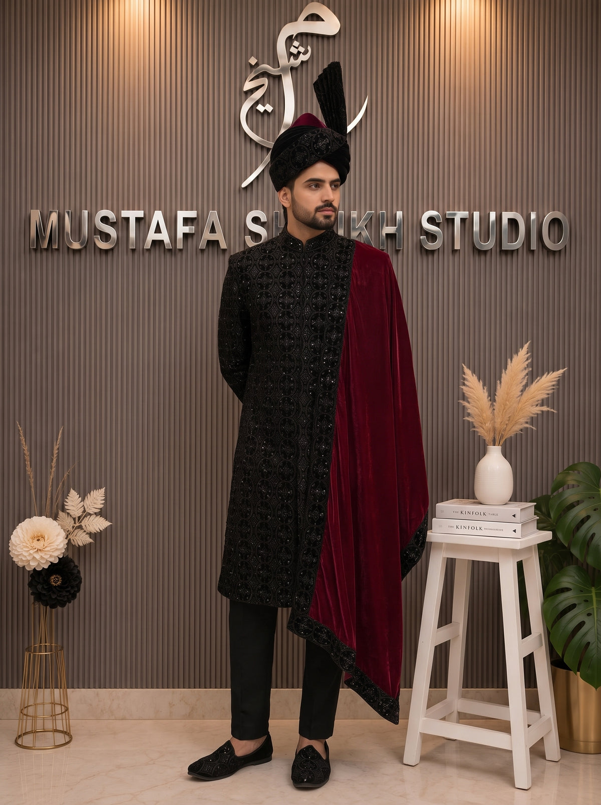 Black Royal Groom Sherwani with Maroon Shawl