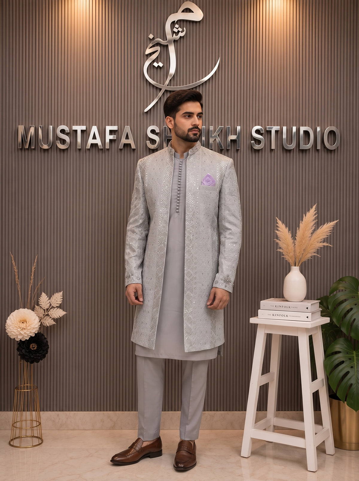 Silver Ivory Embroidered Open Prince Coat