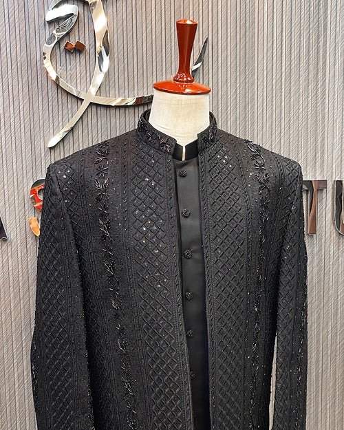 Black Signature Sherwani with Velvet Shawl
