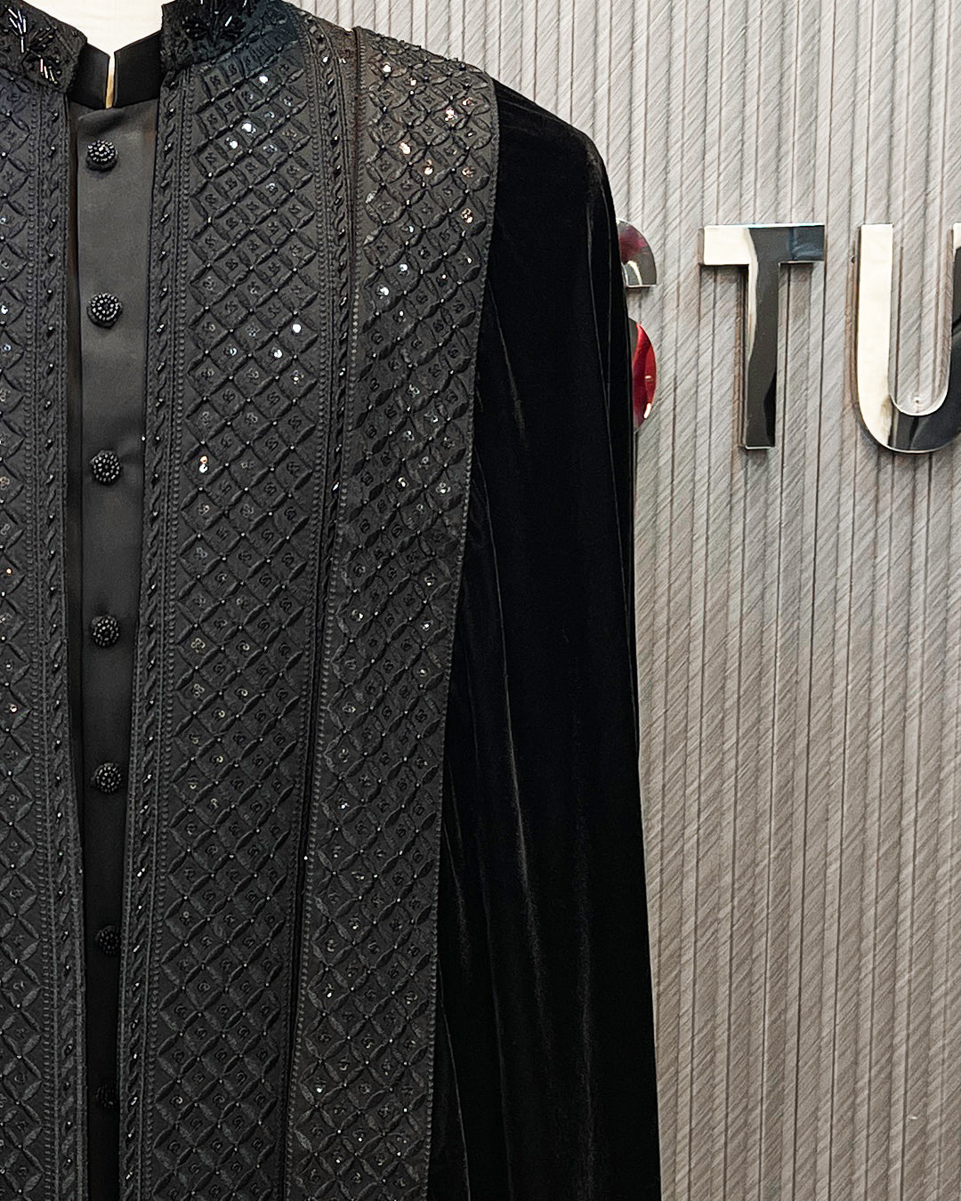 Black Signature Sherwani with Velvet Shawl
