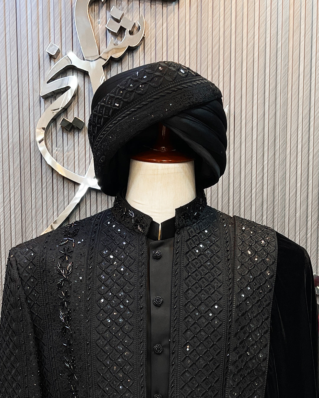 Black Signature Sherwani with Velvet Shawl