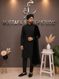 Black Signature Sherwani with Velvet Shawl