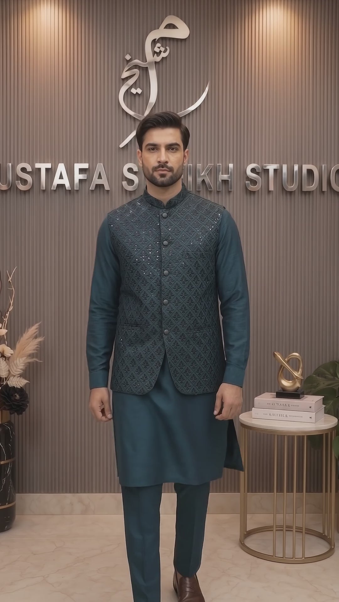 Teal Blue Embroidered Waistcoat