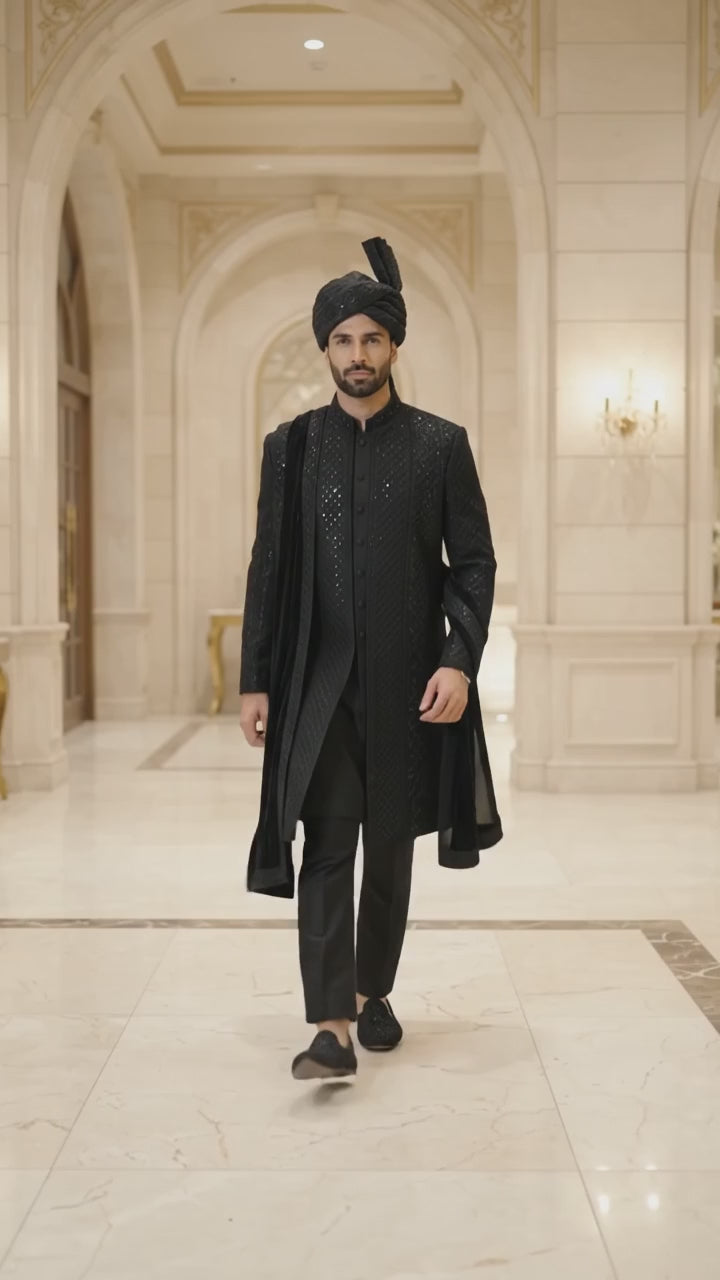 Black Signature Sherwani with Velvet Shawl