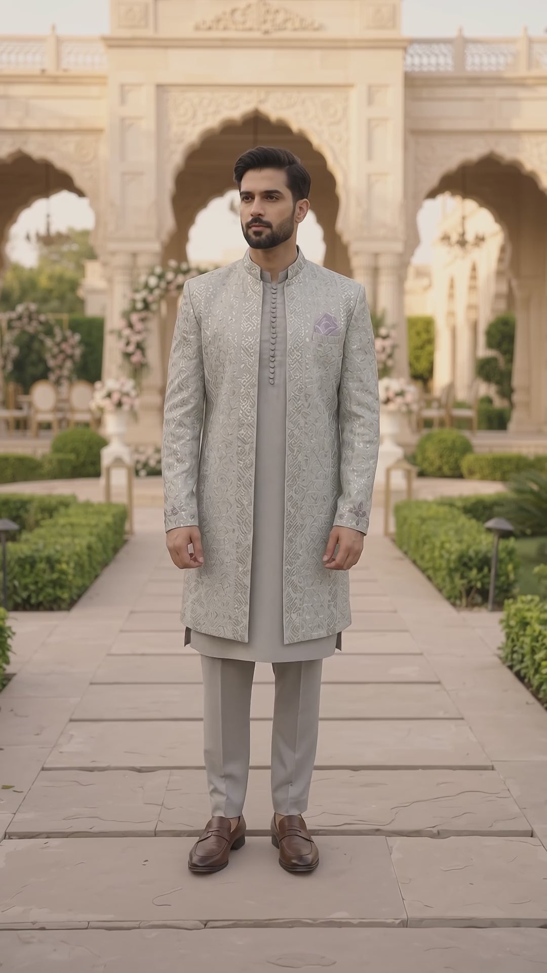 Silver Ivory Embroidered Open Prince Coat
