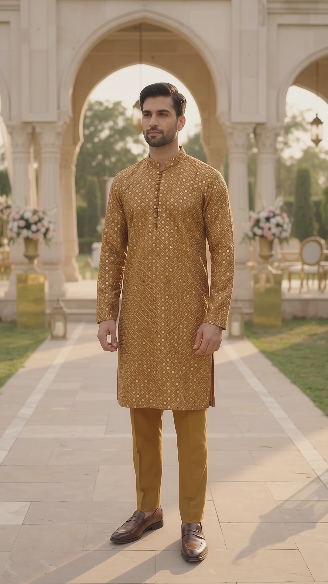 Mustard Gold Embroidered Kurta Pajama – Premium Men’s Festive Wear
