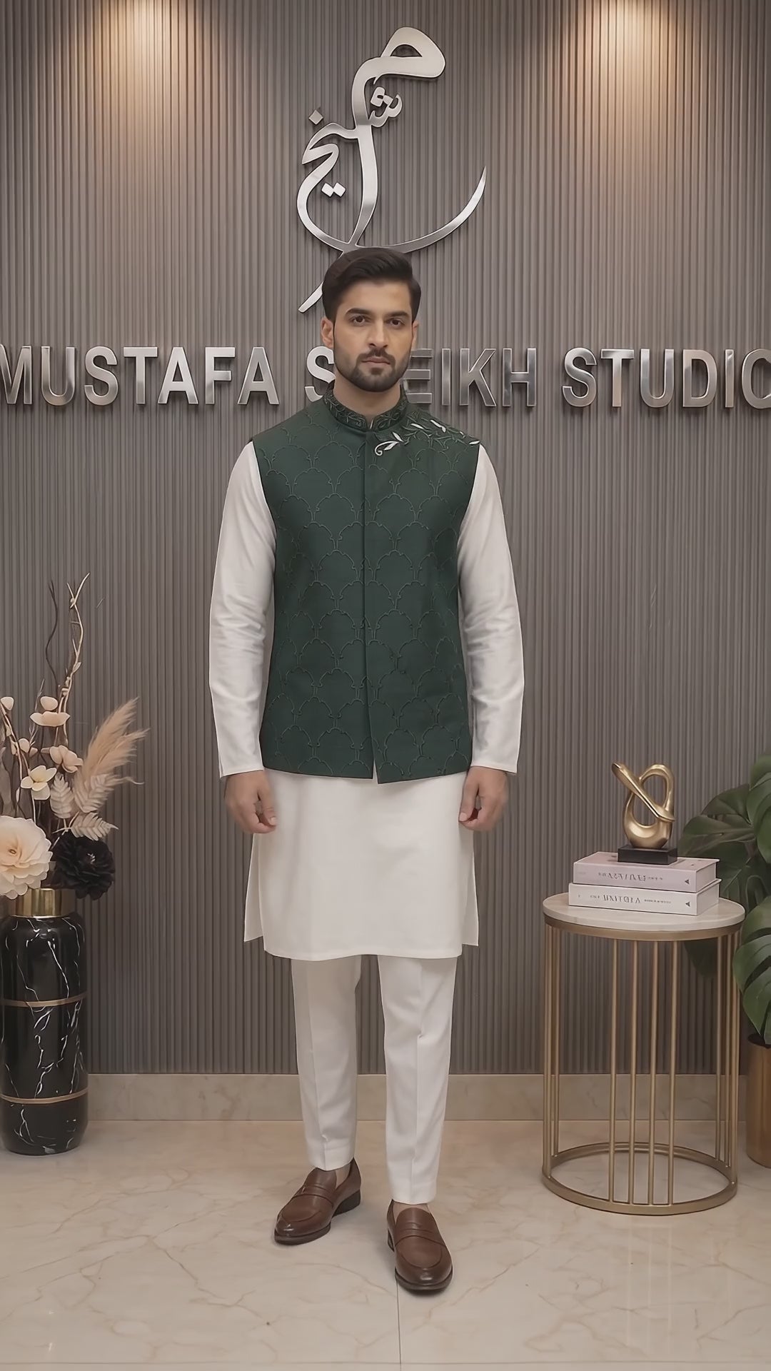 Dark Green Floral Embroidered Waistcoat – Premium Men’s Traditional Wear