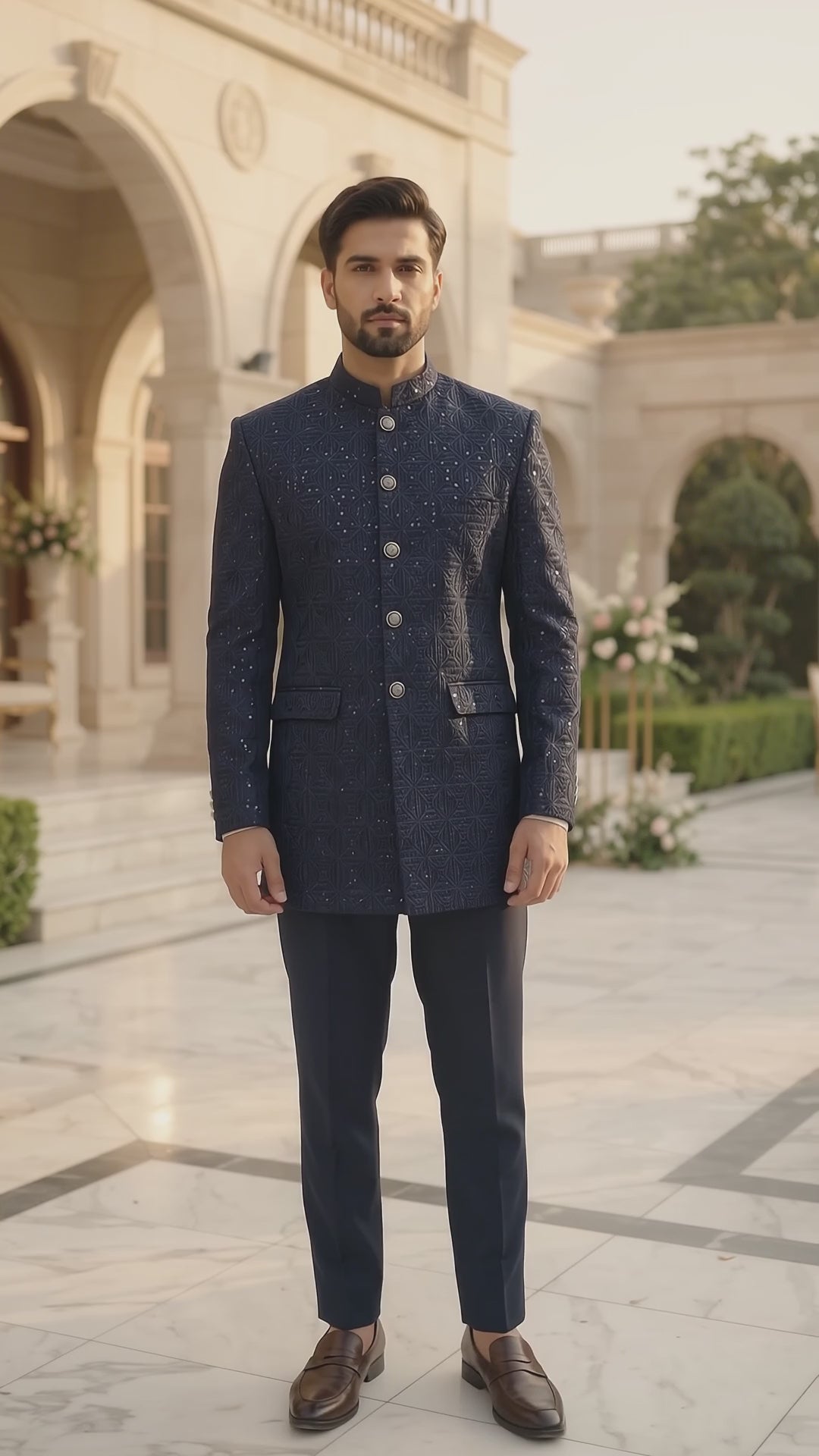 Royal Navy Blue Textured Prince Coat