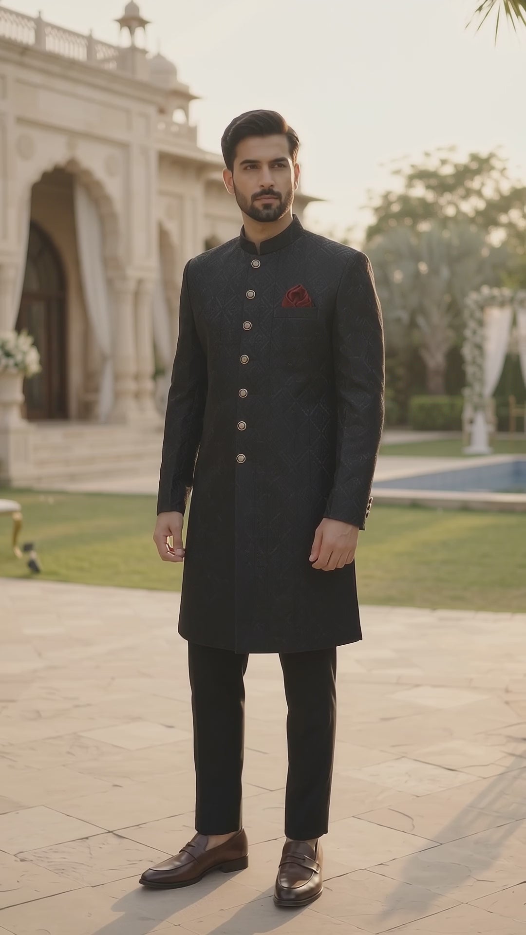 Black Textured Sherwani – Premium Embroidered Men’s Sherwani