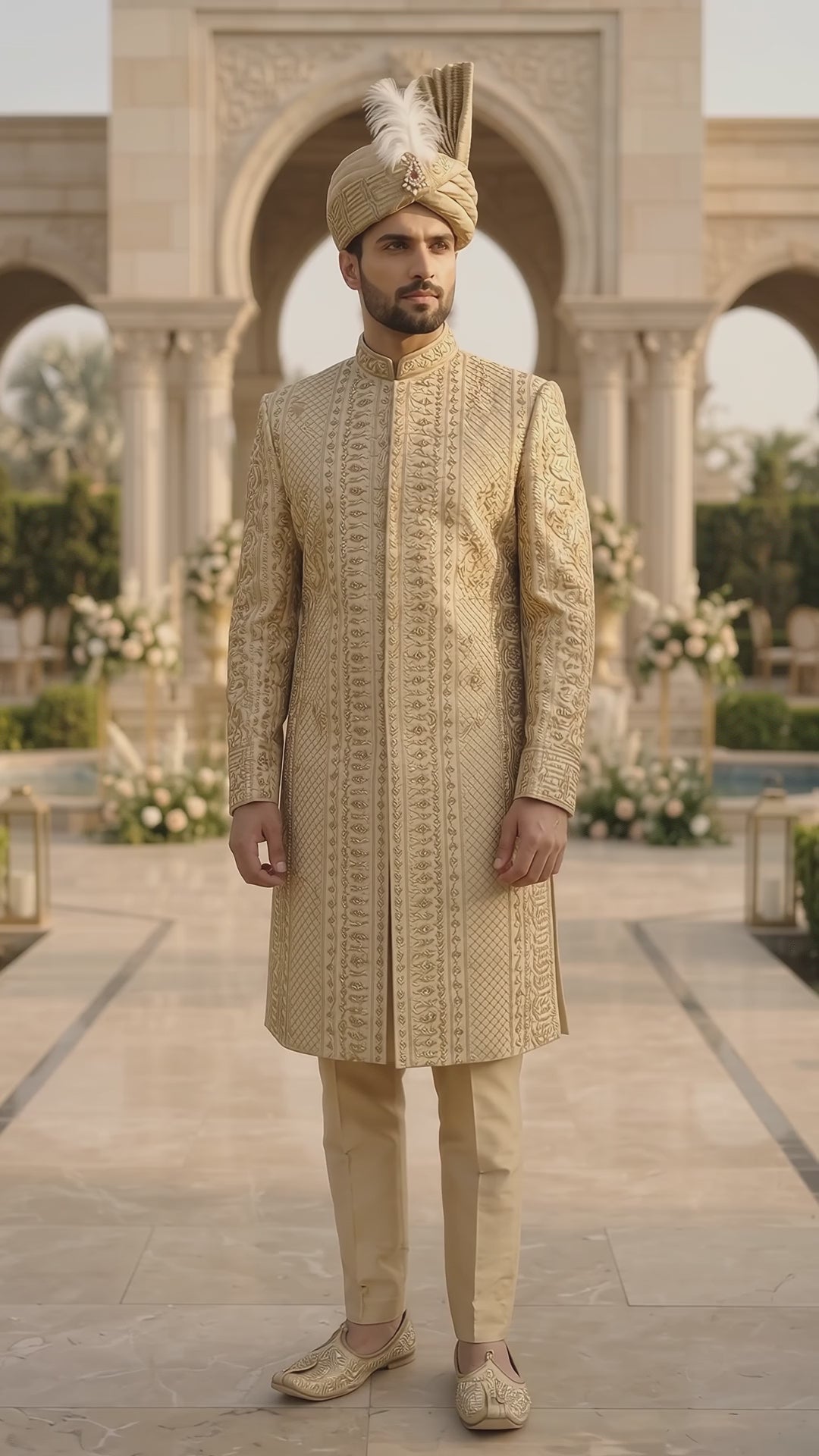 Luxury Golden Embroidered Prince Sherwani with Matching Turban